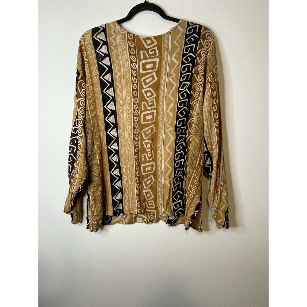 Symphony Tunic Blouse Womens L Brown Geometric Print Rayon Long Sleeve Boho